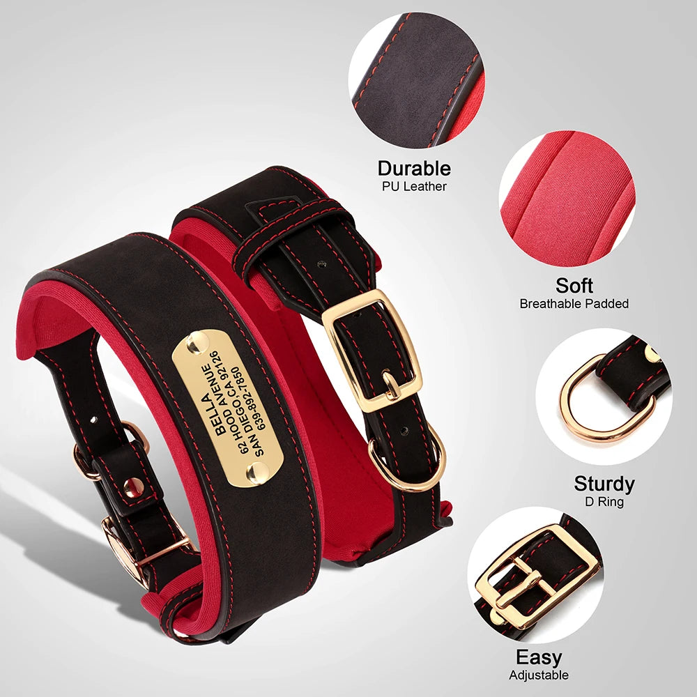 Customized Engraved Dog Collar Wide Leather Dog Collar Large Soft Padded Pet Dog Collars For Medium Large Dogs Free Engraving