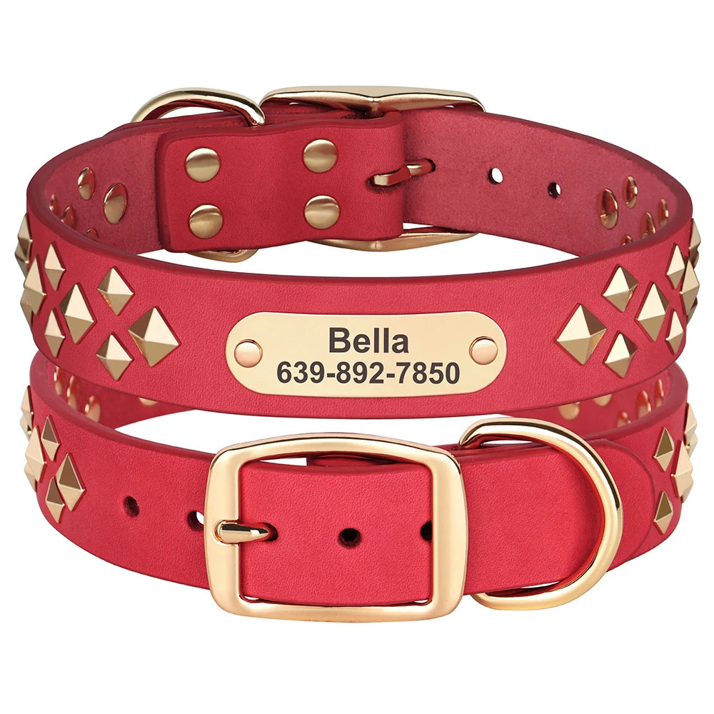 Personalized Genuine Leather Dog Collar Cool Spiked Custom Dog Collars Free Engraved Pet Necklace for Small Medium Dogs Pug