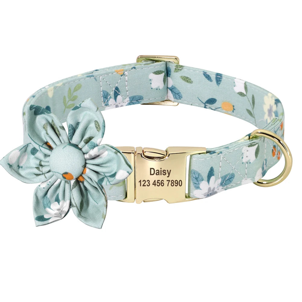 Persoalized Dog Collar Flower Printed Nylon Dog ID Collars Free Engraved Nameplate For Small Medium Large Dogs Chihuahua Pug