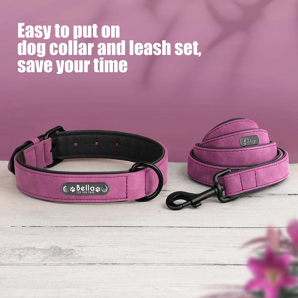 Personalized Dog Collar Leash Set Custom Leather Dog ID Collar Leash Lead For Small Medium Large Dogs Pitbull Bulldog Pugs