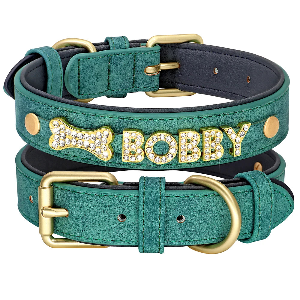 Custom Leather Dog Collar Personalized Dogs Name Collars Bling Rhinestone Pet Necklace DIY Name Free Bone Paw Heart Charm
