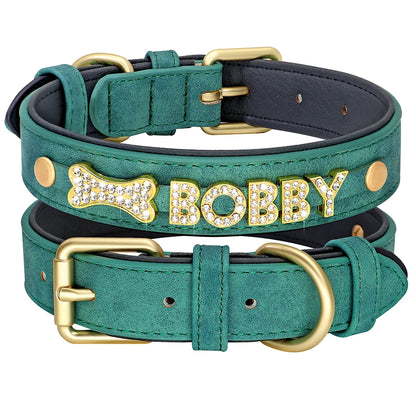 Custom Leather Dog Collar Personalized Dogs Name Collars Bling Rhinestone Pet Necklace DIY Name Free Bone Paw Heart Charm