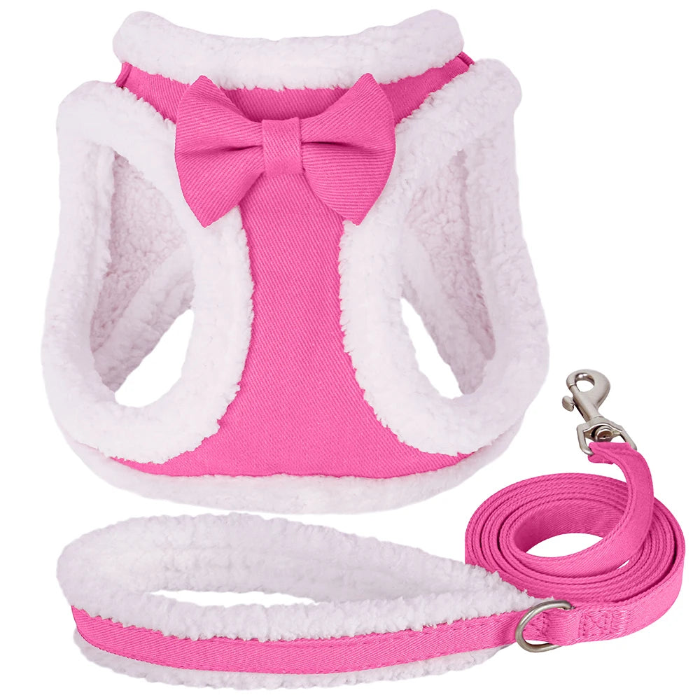 Winter Warm Dog Harness Leash Set Soft Fleece Pet Harness Vest With Cute Bowtie for Small Medium Dogs Chihuahua Walking Belt