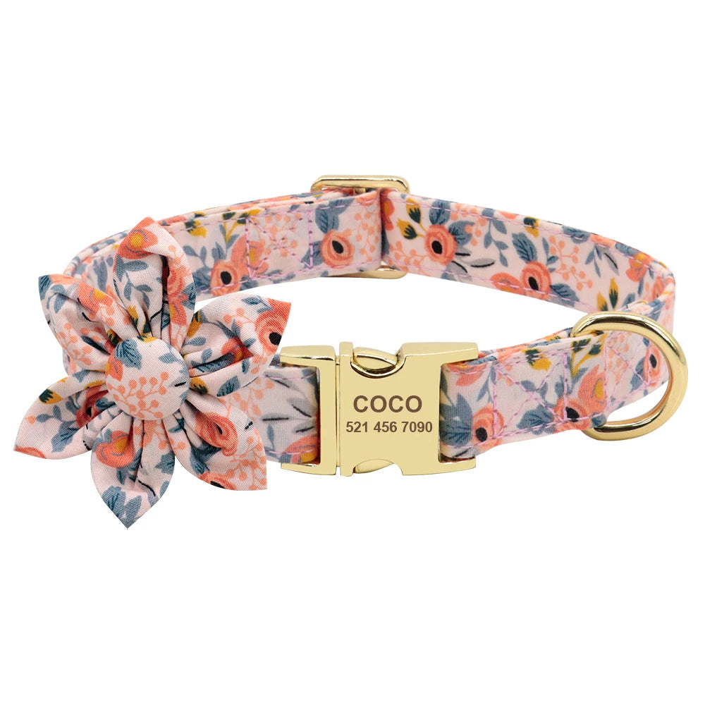 Persoalized Dog Collar Flower Printed Nylon Dog ID Collars Free Engraved Nameplate For Small Medium Large Dogs Chihuahua Pug