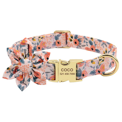 Persoalized Dog Collar Flower Printed Nylon Dog ID Collars Free Engraved Nameplate For Small Medium Large Dogs Chihuahua Pug