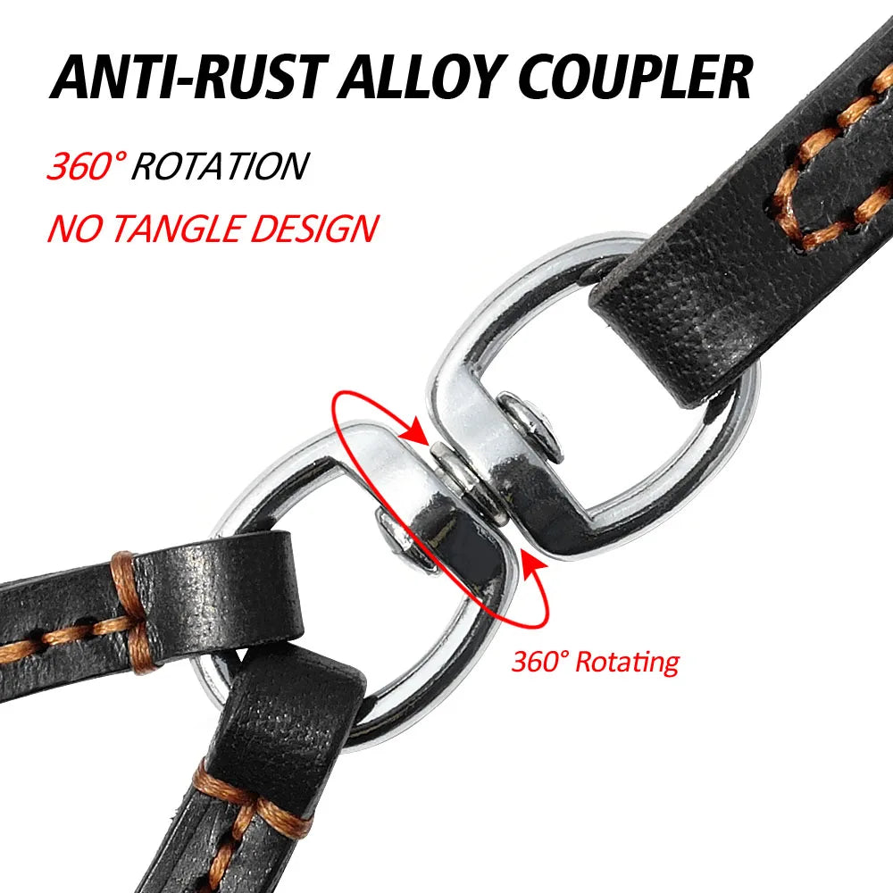 Double Dog Leash Genuine Leather Dual Dog Leash 360 Swivel Walking & Training Leash For Two Dogs Soft Handle