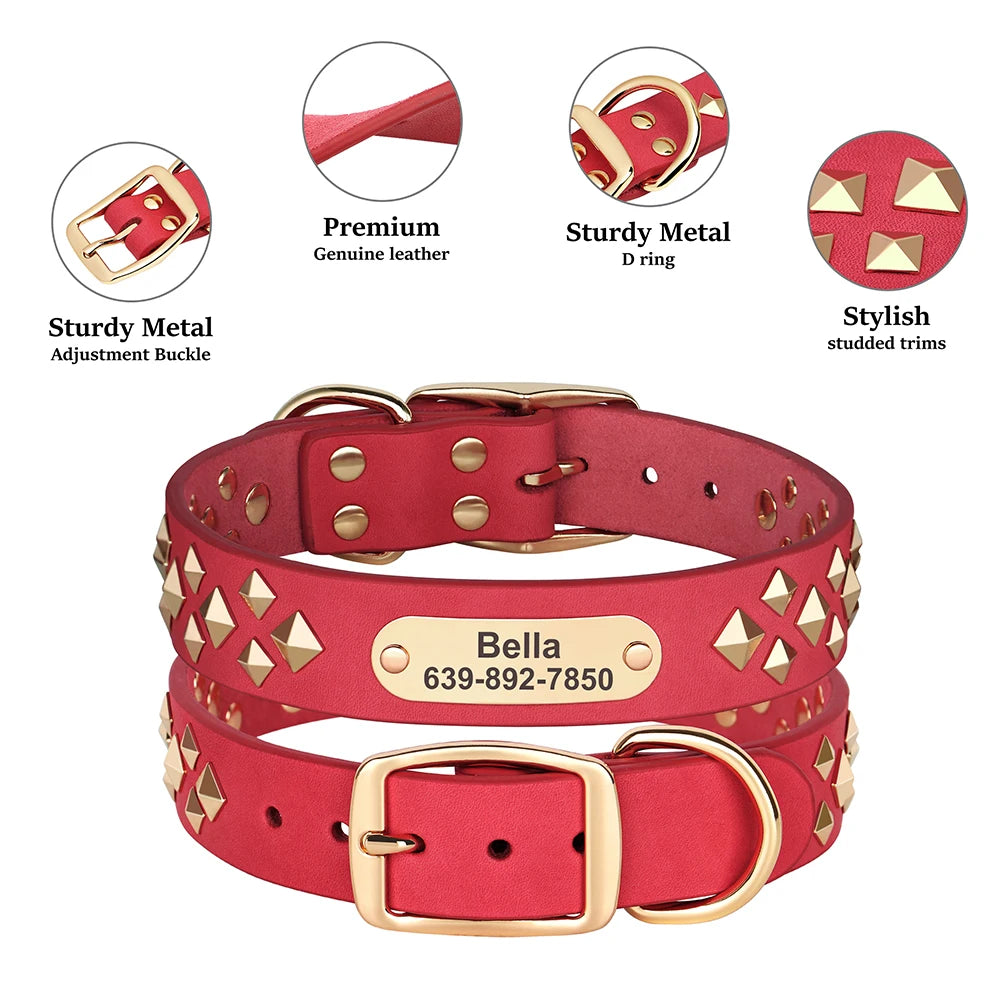 Personalized Genuine Leather Dog Collar Cool Spiked Custom Dog Collars Free Engraved Pet Necklace for Small Medium Dogs Pug