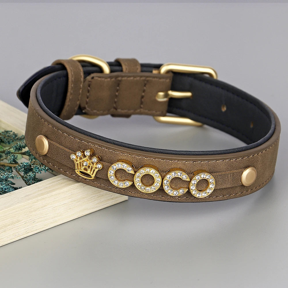 Custom Leather Dog Collar Personalized Dogs Name Collars Bling Rhinestone Pet Necklace DIY Name Free Bone Paw Heart Charm