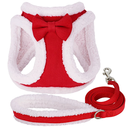 Winter Warm Dog Harness Leash Set Soft Fleece Pet Harness Vest With Cute Bowtie for Small Medium Dogs Chihuahua Walking Belt