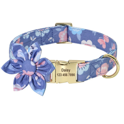Persoalized Dog Collar Flower Printed Nylon Dog ID Collars Free Engraved Nameplate For Small Medium Large Dogs Chihuahua Pug