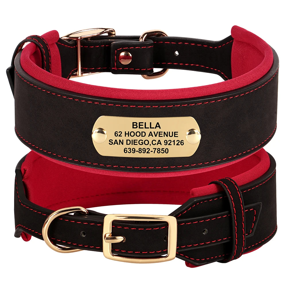 Customized Engraved Dog Collar Wide Leather Dog Collar Large Soft Padded Pet Dog Collars For Medium Large Dogs Free Engraving