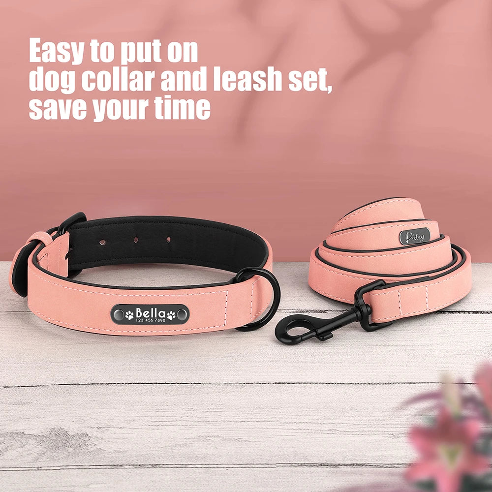 Personalized Dog Collar Leash Set Custom Leather Dog ID Collar Leash Lead For Small Medium Large Dogs Pitbull Bulldog Pugs