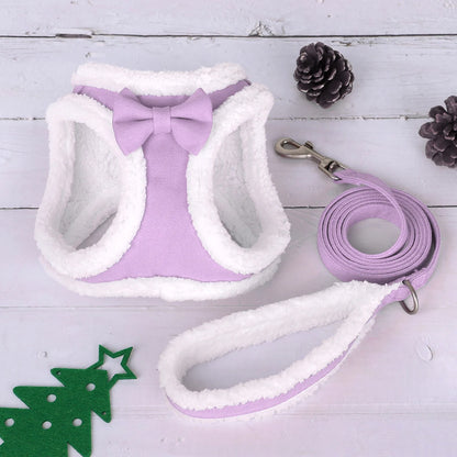 Winter Warm Dog Harness Leash Set Soft Fleece Pet Harness Vest With Cute Bowtie for Small Medium Dogs Chihuahua Walking Belt