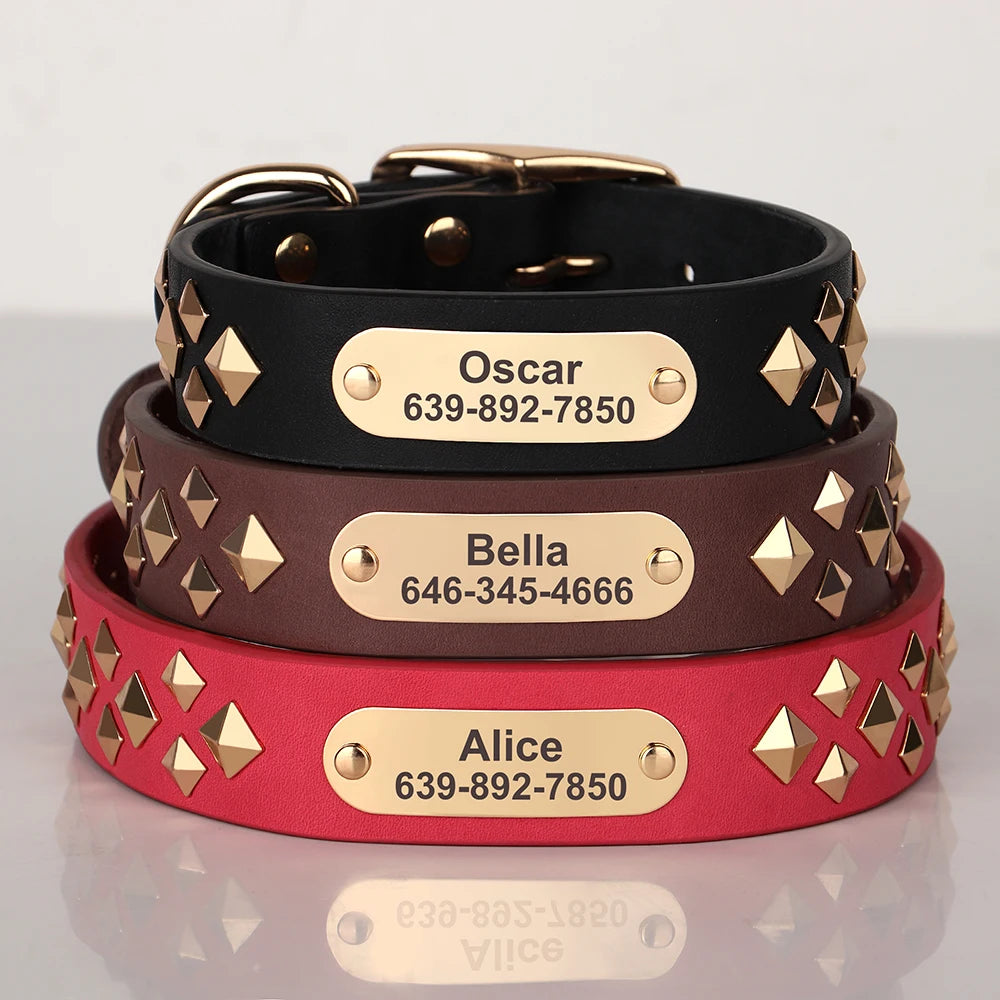 Personalized Genuine Leather Dog Collar Cool Spiked Custom Dog Collars Free Engraved Pet Necklace for Small Medium Dogs Pug