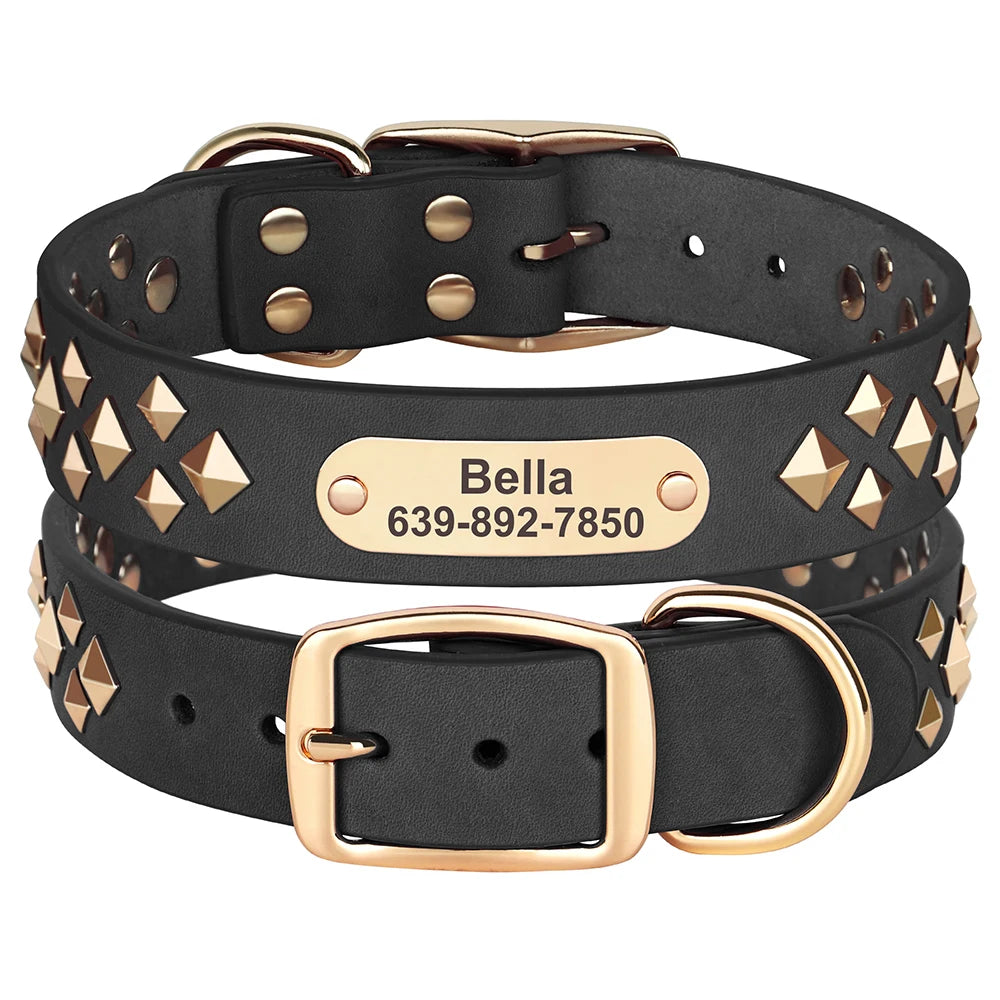 Personalized Genuine Leather Dog Collar Cool Spiked Custom Dog Collars Free Engraved Pet Necklace for Small Medium Dogs Pug