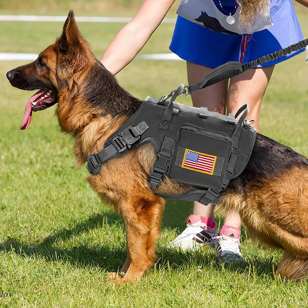 Tactical Military Dog Harness Collar Leash Set Durable Big Dog Training Harness Vest MOLLE For Large Dogs With Pouches Flag