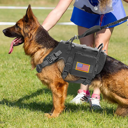 Tactical Military Dog Harness Collar Leash Set Durable Big Dog Training Harness Vest MOLLE For Large Dogs With Pouches Flag