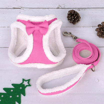 Winter Warm Dog Harness Leash Set Soft Fleece Pet Harness Vest With Cute Bowtie for Small Medium Dogs Chihuahua Walking Belt