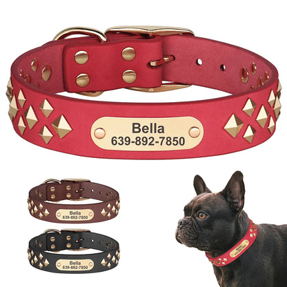 Personalized Genuine Leather Dog Collar Cool Spiked Custom Dog Collars Free Engraved Pet Necklace for Small Medium Dogs Pug