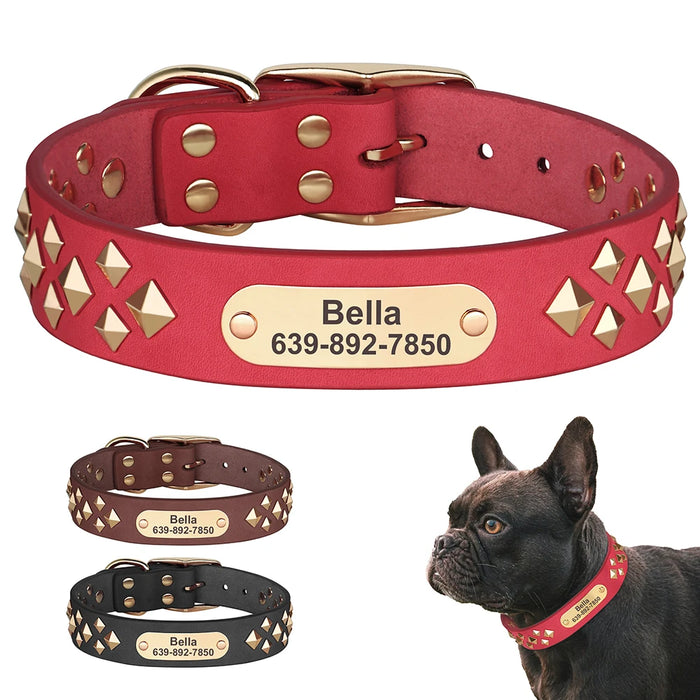 Personalized Genuine Leather Dog Collar Cool Spiked Custom Dog Collars Free Engraved Pet Necklace for Small Medium Dogs Pug