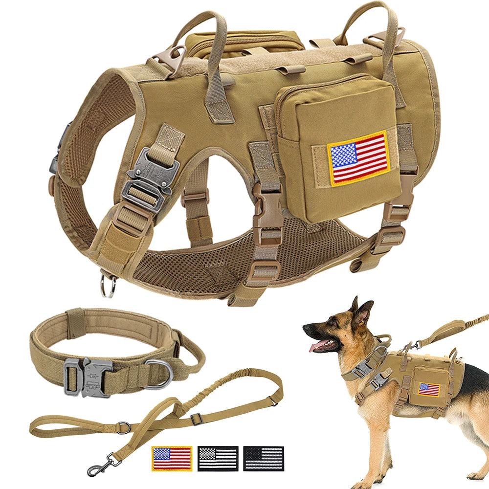 Tactical Military Dog Harness Collar Leash Set Durable Big Dog Training Harness Vest MOLLE For Large Dogs With Pouches Flag