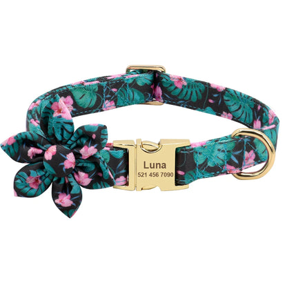 Persoalized Dog Collar Flower Printed Nylon Dog ID Collars Free Engraved Nameplate For Small Medium Large Dogs Chihuahua Pug