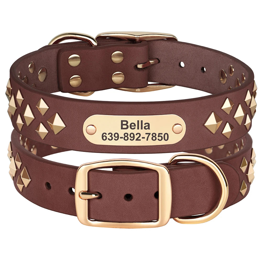 Personalized Genuine Leather Dog Collar Cool Spiked Custom Dog Collars Free Engraved Pet Necklace for Small Medium Dogs Pug