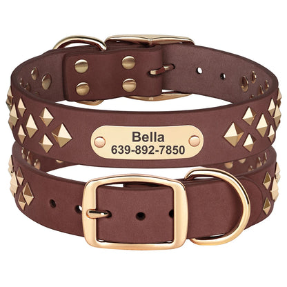 Personalized Genuine Leather Dog Collar Cool Spiked Custom Dog Collars Free Engraved Pet Necklace for Small Medium Dogs Pug