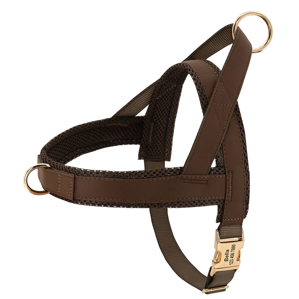 Personalized Large Dog Harness Adjustable Engraved Mesh Leather Pet Harness Vest For Small Medium Large Dogs Pet Supplies XS-XL