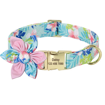Persoalized Dog Collar Flower Printed Nylon Dog ID Collars Free Engraved Nameplate For Small Medium Large Dogs Chihuahua Pug