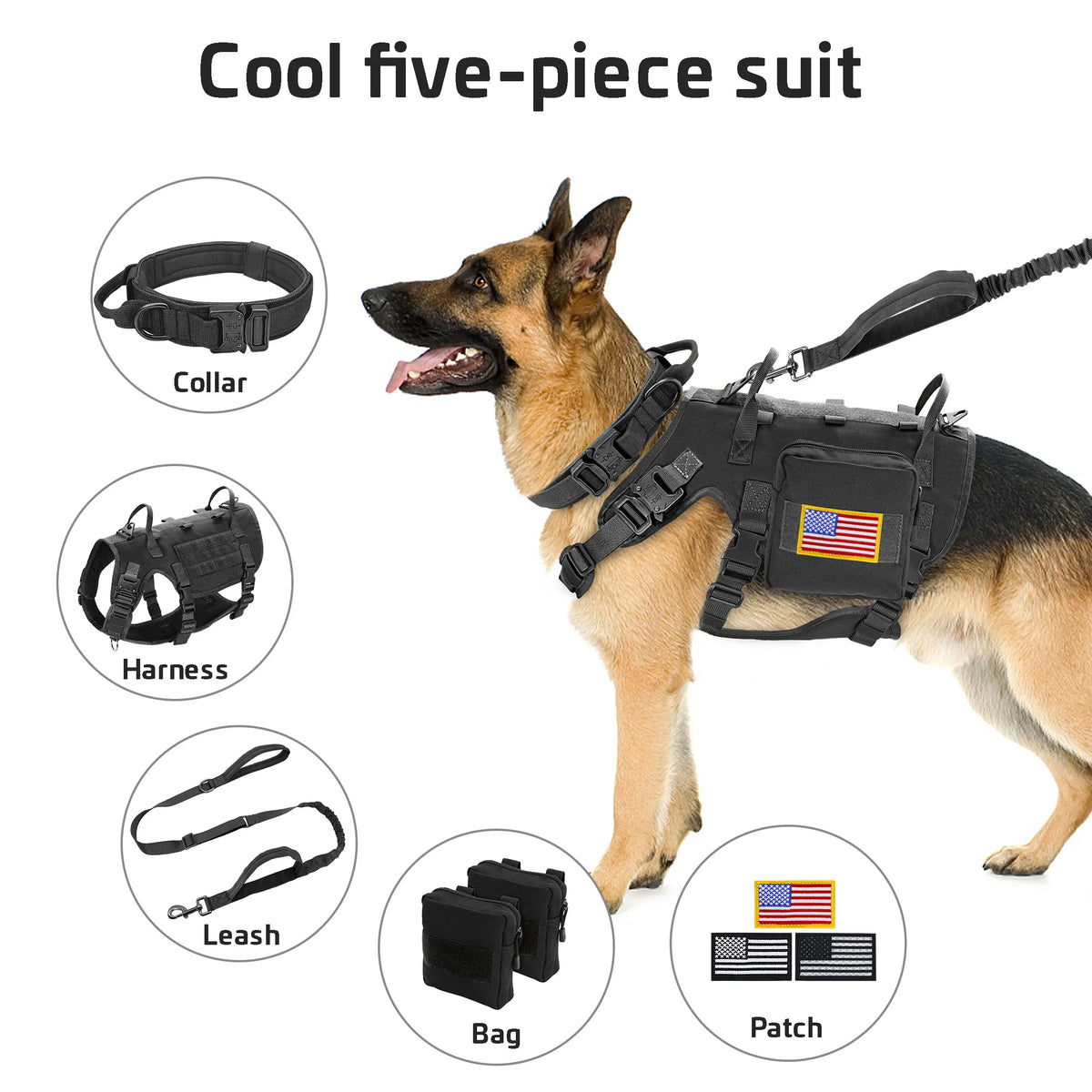 Tactical Military Dog Harness Collar Leash Set Durable Big Dog Training Harness Vest MOLLE For Large Dogs With Pouches Flag