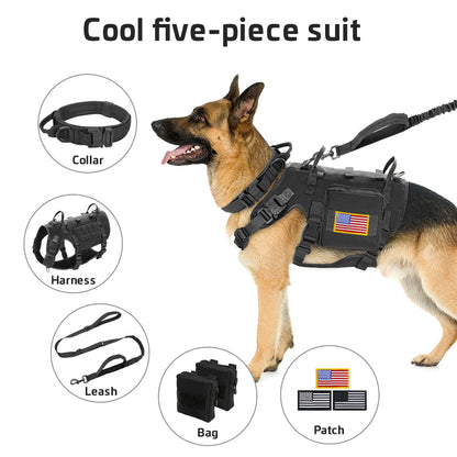 Tactical Military Dog Harness Collar Leash Set Durable Big Dog Training Harness Vest MOLLE For Large Dogs With Pouches Flag