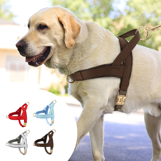 Personalized Large Dog Harness Adjustable Engraved Mesh Leather Pet Harness Vest For Small Medium Large Dogs Pet Supplies XS-XL