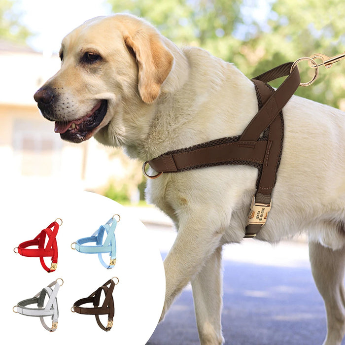 Personalized Large Dog Harness Adjustable Engraved Mesh Leather Pet Harness Vest For Small Medium Large Dogs Pet Supplies XS-XL