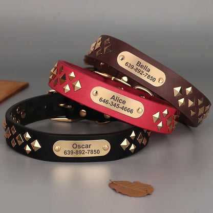 Personalized Genuine Leather Dog Collar Cool Spiked Custom Dog Collars Free Engraved Pet Necklace for Small Medium Dogs Pug