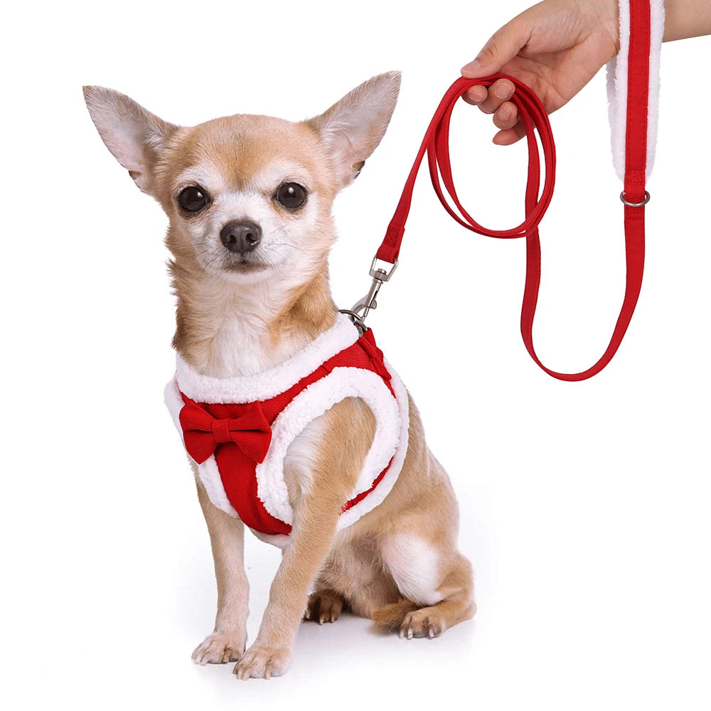 Winter Warm Dog Harness Leash Set Soft Fleece Pet Harness Vest With Cute Bowtie for Small Medium Dogs Chihuahua Walking Belt