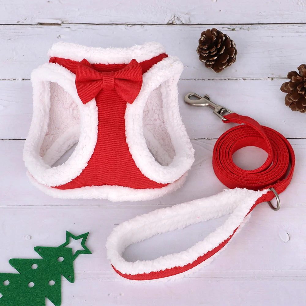 Winter Warm Dog Harness Leash Set Soft Fleece Pet Harness Vest With Cute Bowtie for Small Medium Dogs Chihuahua Walking Belt