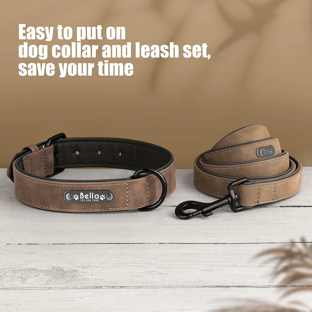 Personalized Dog Collar Leash Set Custom Leather Dog ID Collar Leash Lead For Small Medium Large Dogs Pitbull Bulldog Pugs