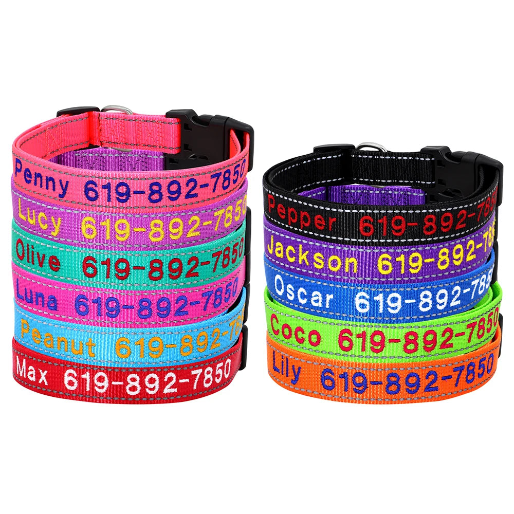 Adjustable Nylon Embroidered Dog Collar Custom ID Name Accessories Pet Collars For Small Medium Large Dogs Pets Supplies Perro