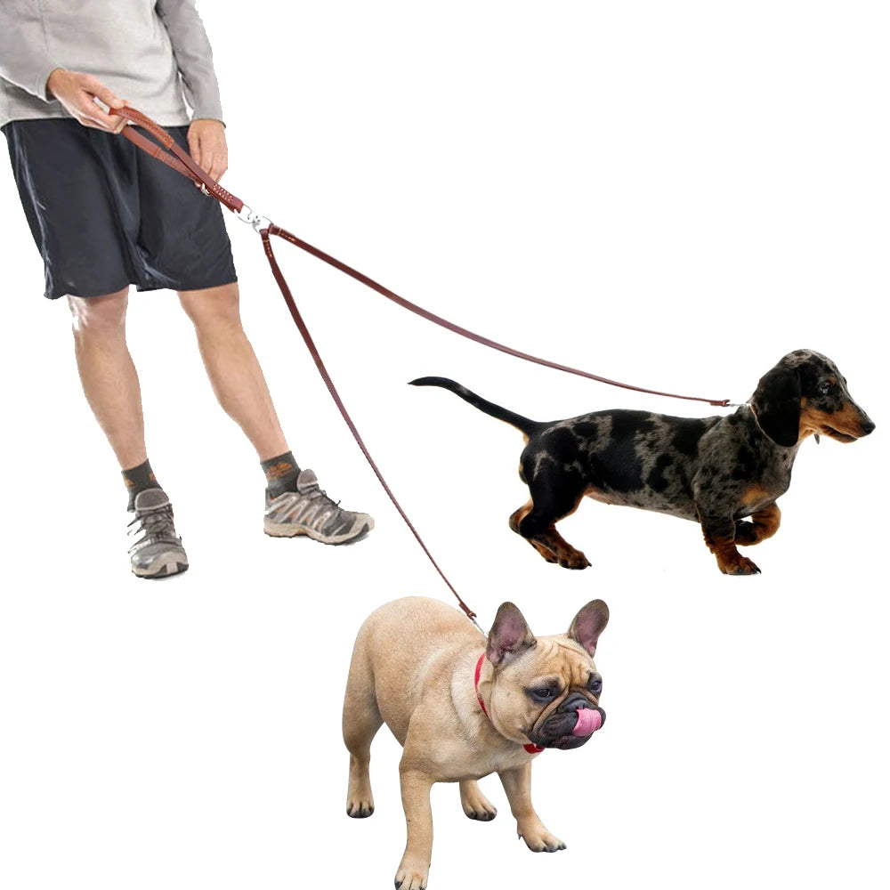 Double Dog Leash Genuine Leather Dual Dog Leash 360 Swivel Walking & Training Leash For Two Dogs Soft Handle