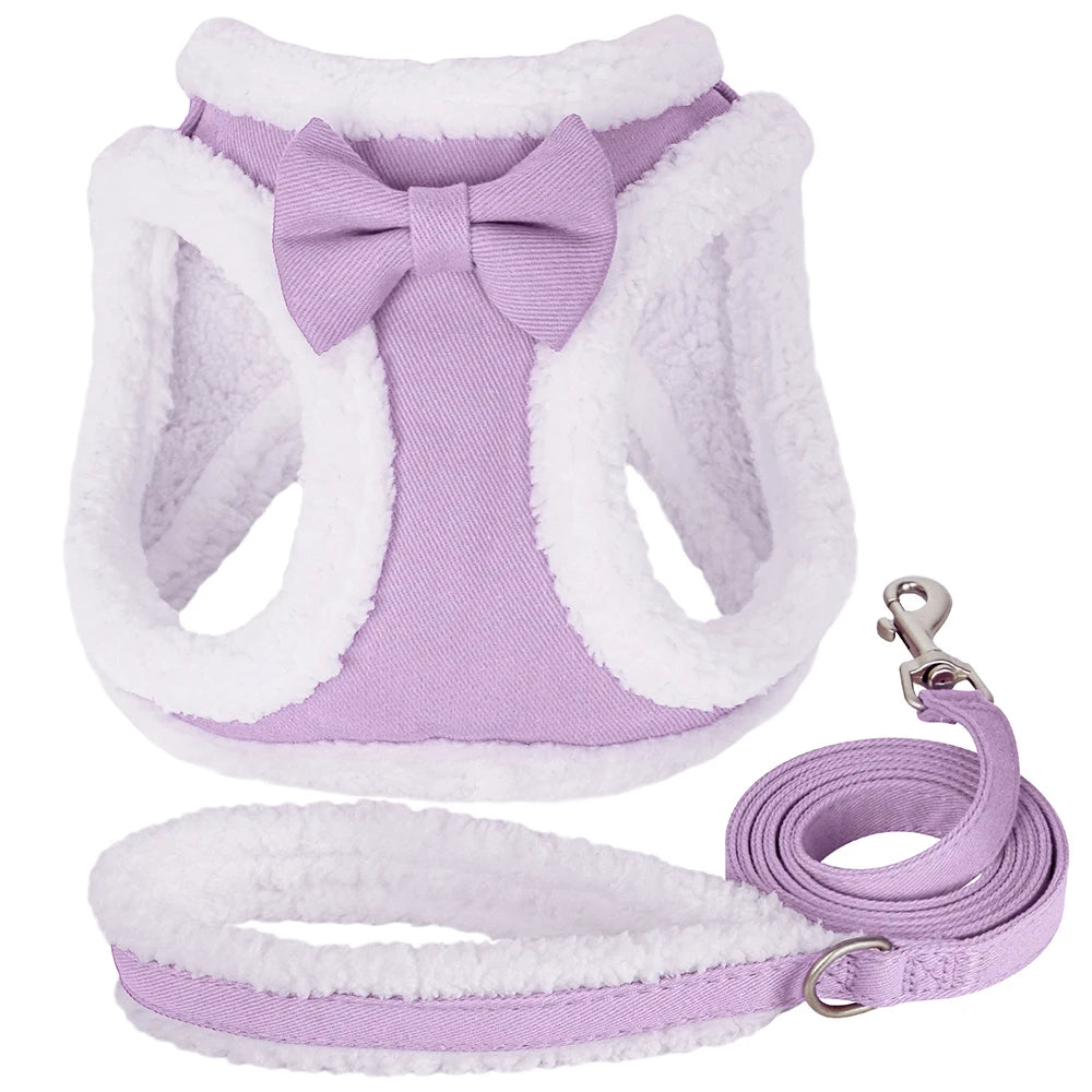 Winter Warm Dog Harness Leash Set Soft Fleece Pet Harness Vest With Cute Bowtie for Small Medium Dogs Chihuahua Walking Belt