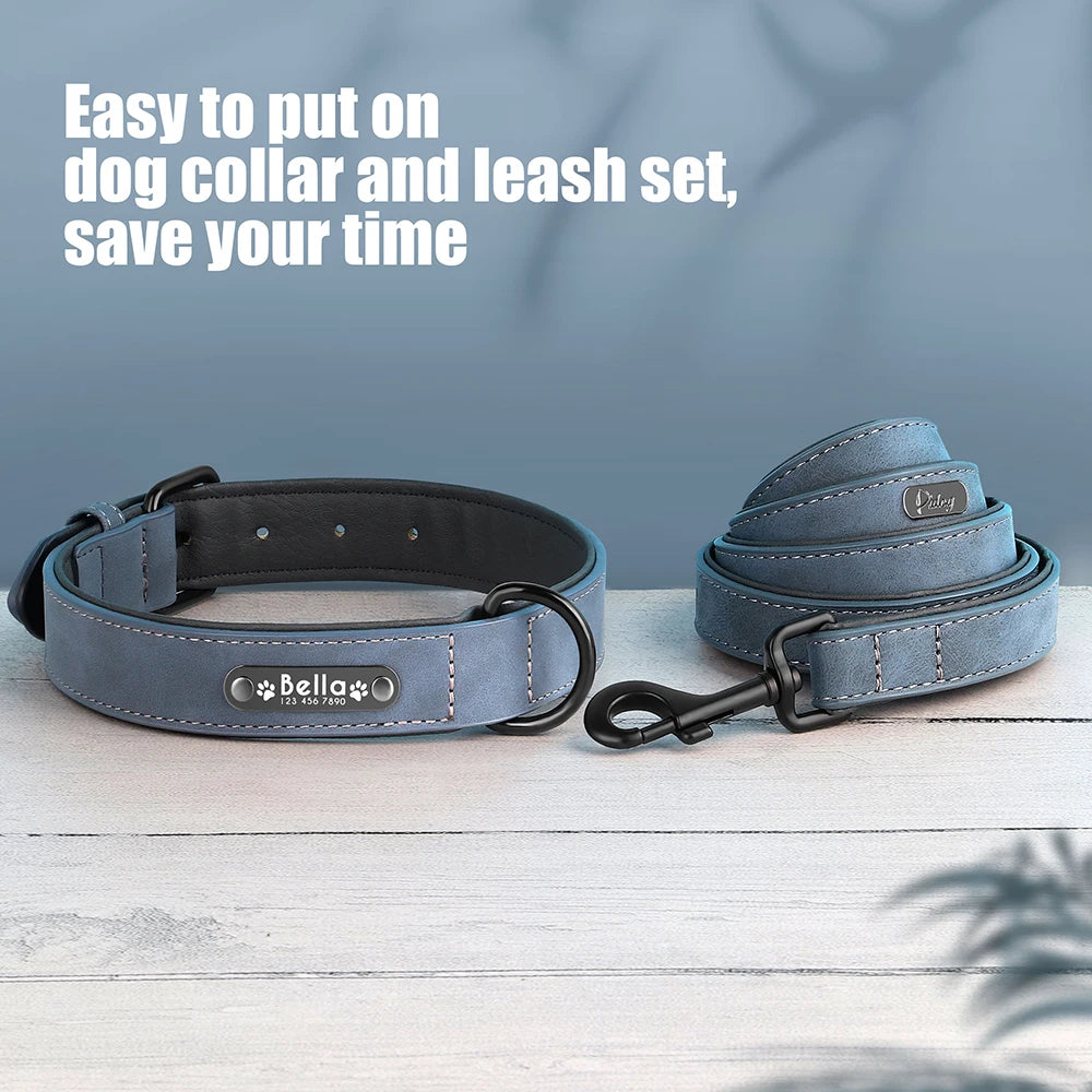 Personalized Dog Collar Leash Set Custom Leather Dog ID Collar Leash Lead For Small Medium Large Dogs Pitbull Bulldog Pugs