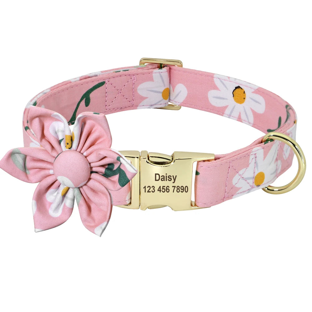 Persoalized Dog Collar Flower Printed Nylon Dog ID Collars Free Engraved Nameplate For Small Medium Large Dogs Chihuahua Pug