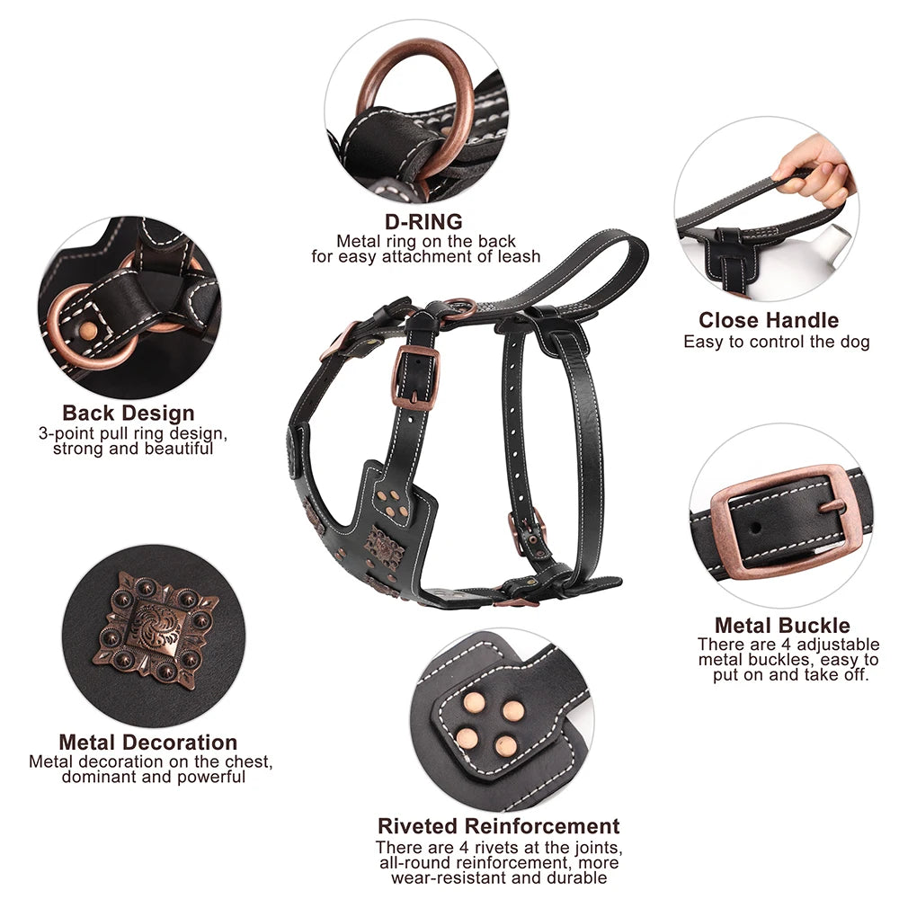 Real Leather Large Dog Harness Durable Pet Harness Genuine Leather Dog Vest Quick Control Harnesses for Big Dogs German Shepherd