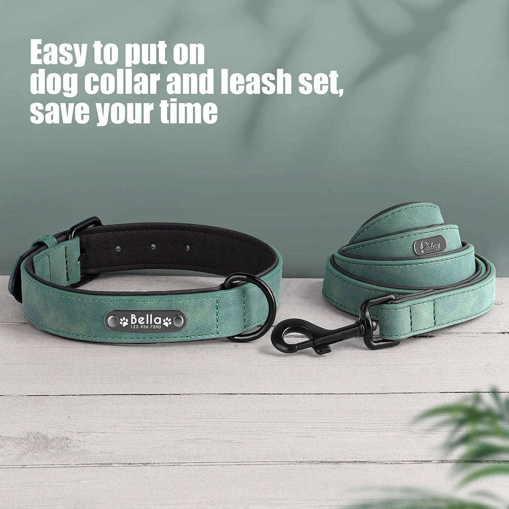 Personalized Dog Collar Leash Set Custom Leather Dog ID Collar Leash Lead For Small Medium Large Dogs Pitbull Bulldog Pugs