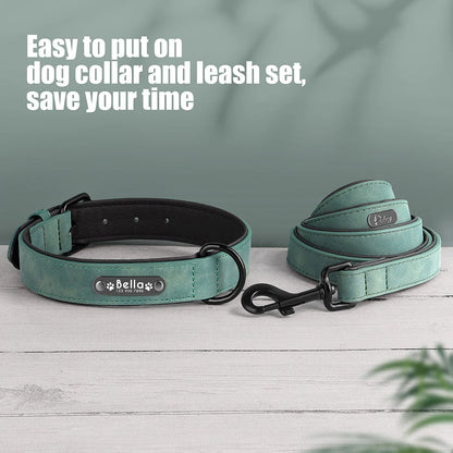 Personalized Dog Collar Leash Set Custom Leather Dog ID Collar Leash Lead For Small Medium Large Dogs Pitbull Bulldog Pugs