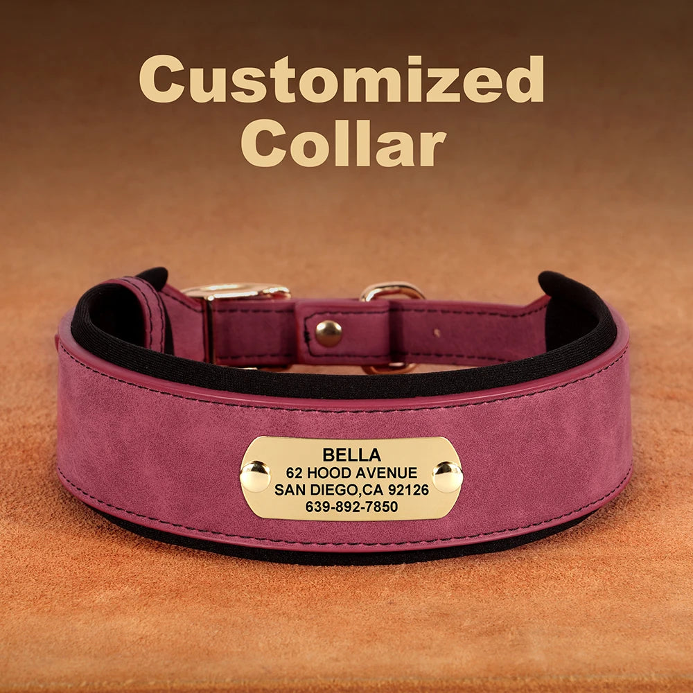 Customized Engraved Dog Collar Wide Leather Dog Collar Large Soft Padded Pet Dog Collars For Medium Large Dogs Free Engraving
