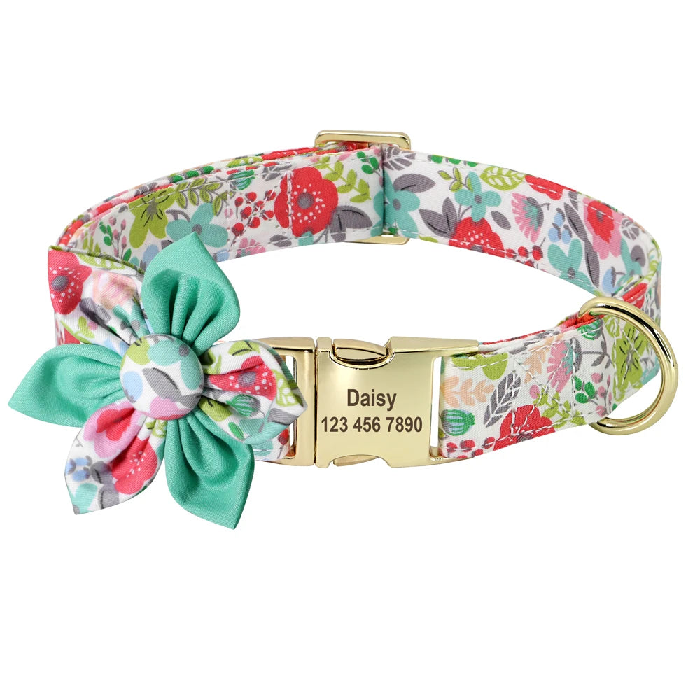 Persoalized Dog Collar Flower Printed Nylon Dog ID Collars Free Engraved Nameplate For Small Medium Large Dogs Chihuahua Pug