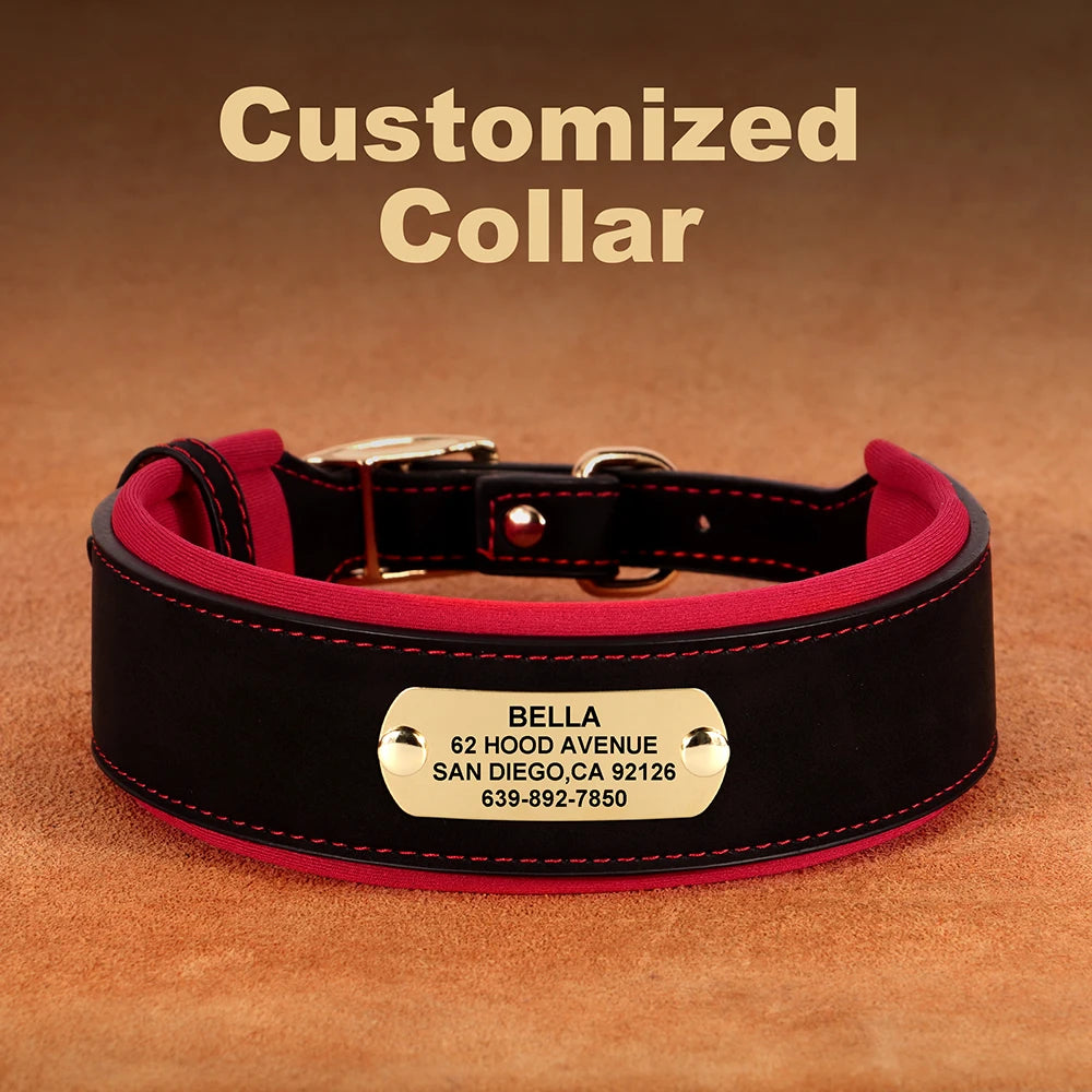 Customized Engraved Dog Collar Wide Leather Dog Collar Large Soft Padded Pet Dog Collars For Medium Large Dogs Free Engraving