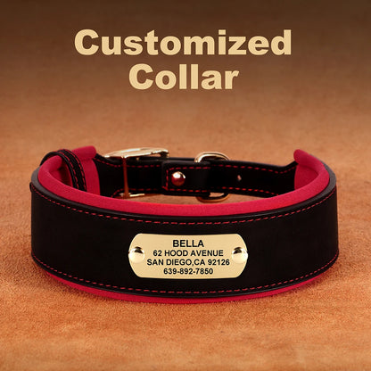 Customized Engraved Dog Collar Wide Leather Dog Collar Large Soft Padded Pet Dog Collars For Medium Large Dogs Free Engraving
